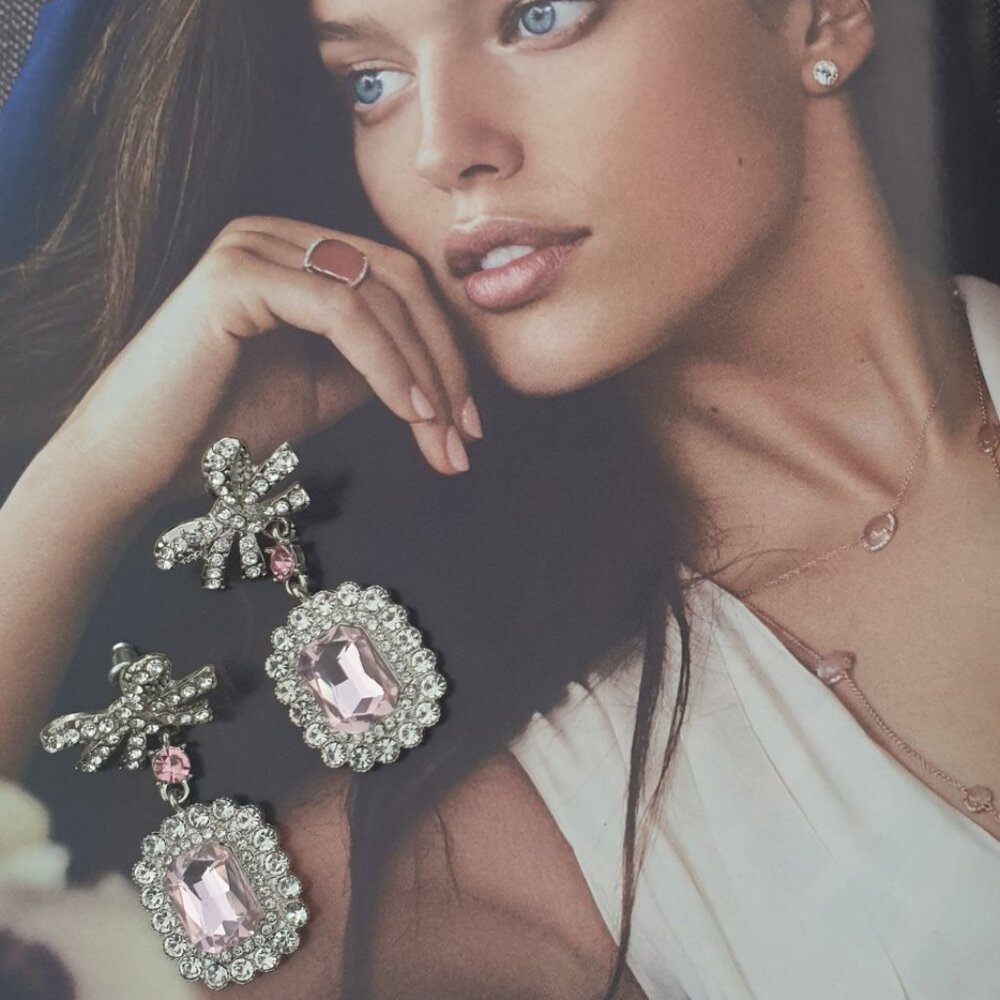 Silver Metal Crystals Bow Classic Dangle Earrings Fashion Women Jewelry Gift
